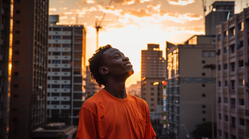 A man in an orange tshirt stands in Johannesburg at sunset hour, looking up at the sky and smiling